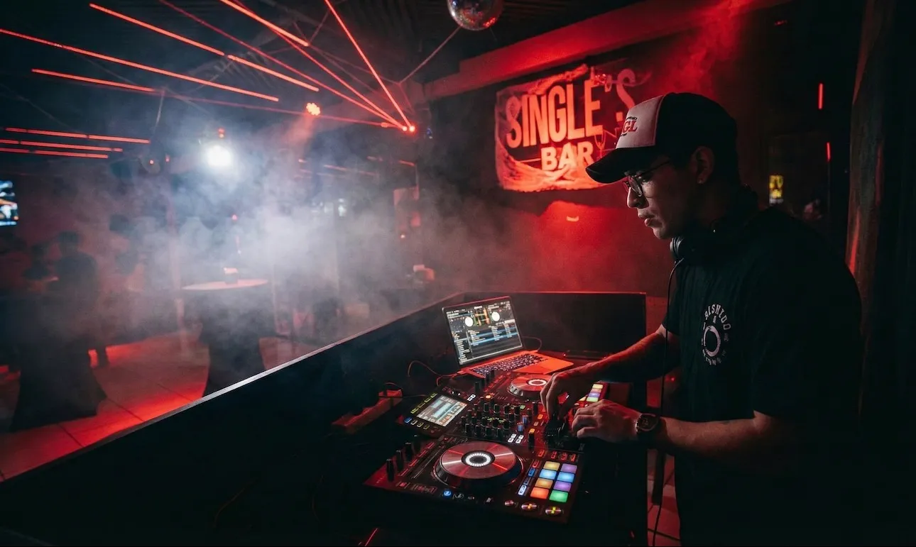 DJ con lasers y disco ball